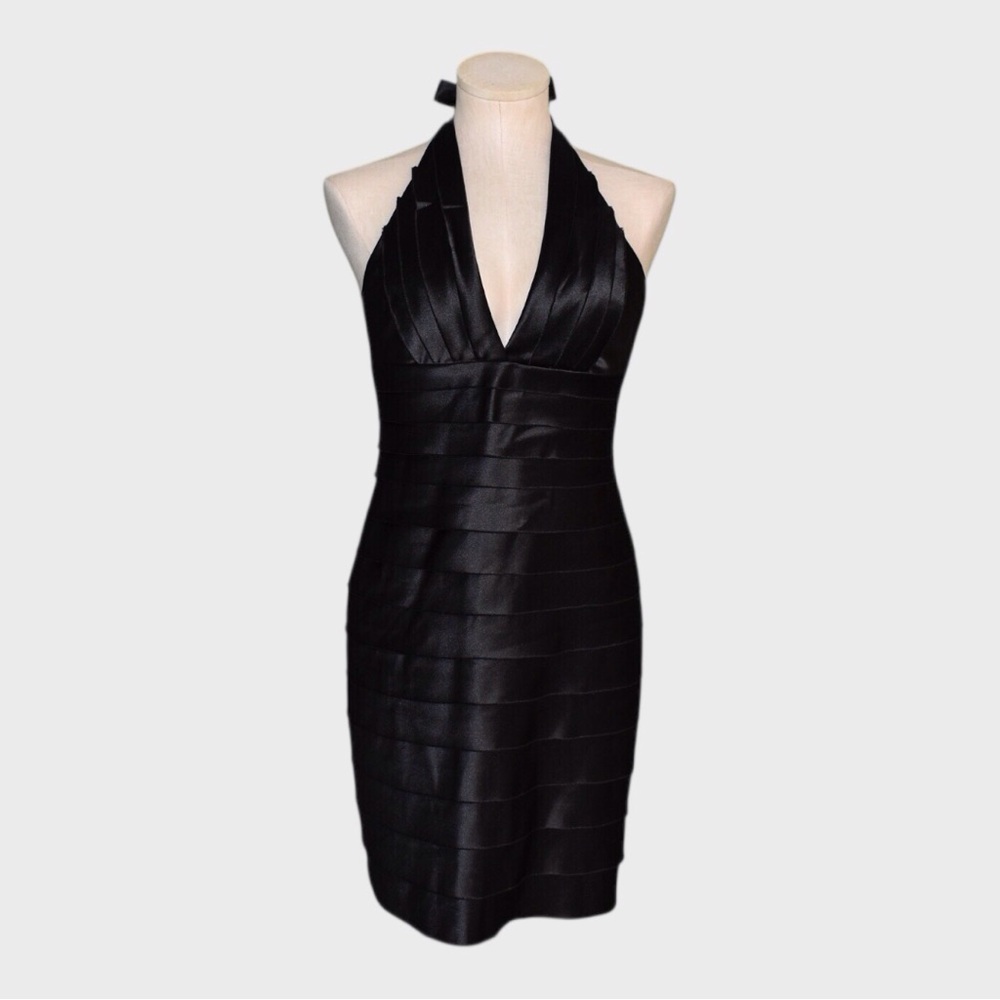 BCBGMaxAzria Black Satin Halter Mini Dress Bandage Style